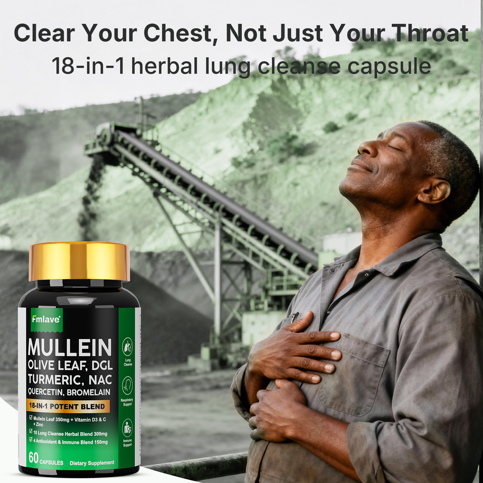 LUNG CLEANSER MULLEIN OLIVE LEAF, DGL, TURMERIC, NAC 18-IN-1 POTENT BLEND back label