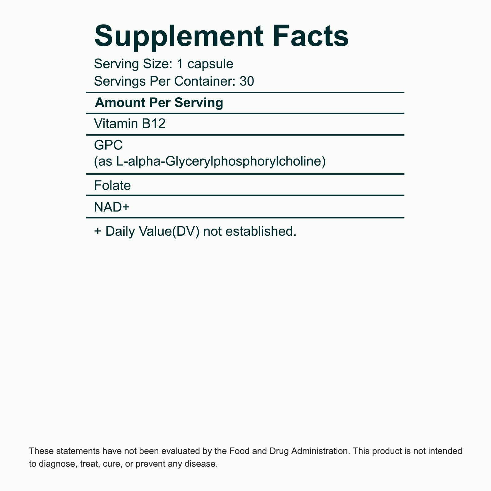 Supplement Facts — Brain Health NAD+ Nootropic — NR + Alpha-GPC, B12 &amp; Folate for Memory, Focus &amp; Clarity