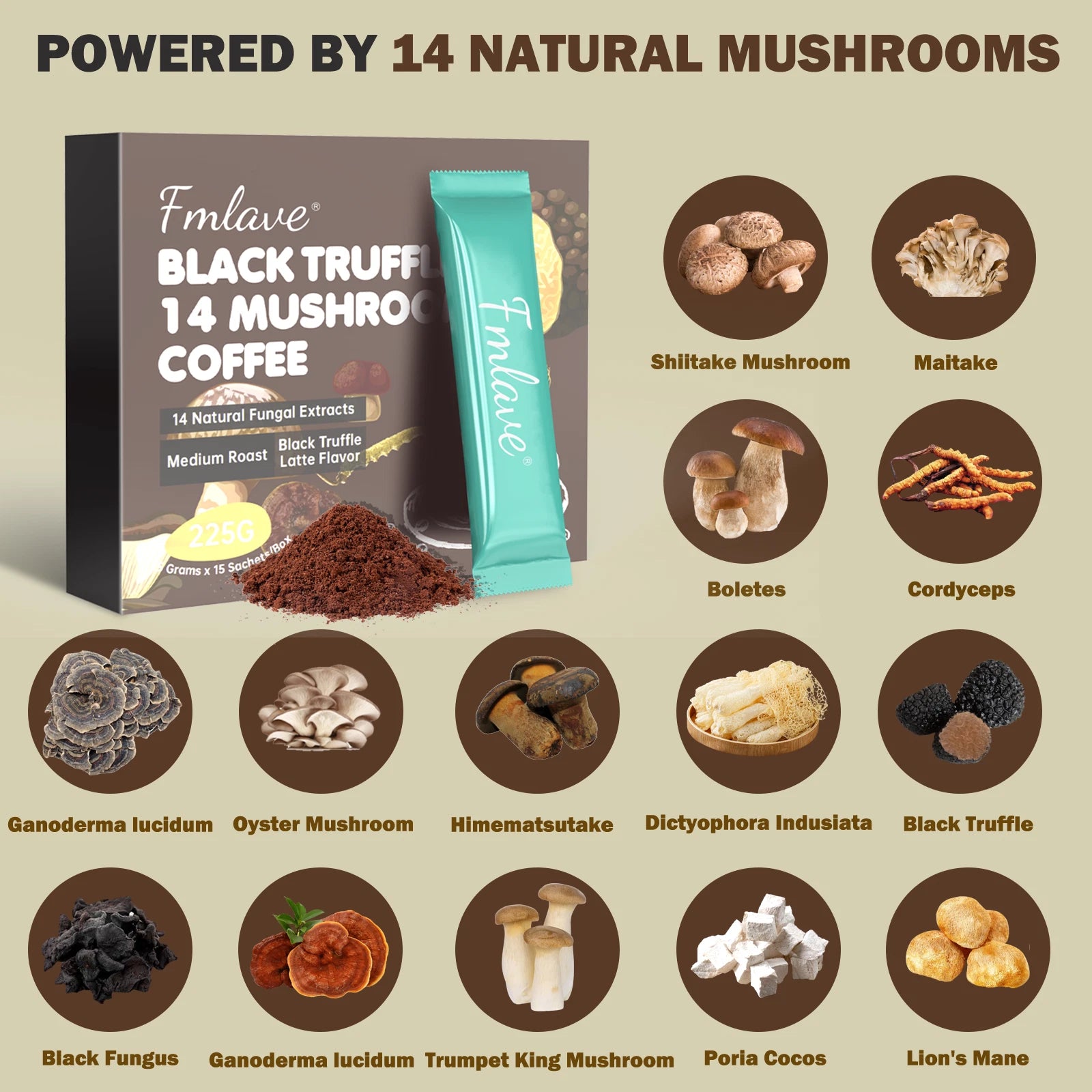 BLACK TRUFFLE 14 MUSHROOM COFFEE 225g back label