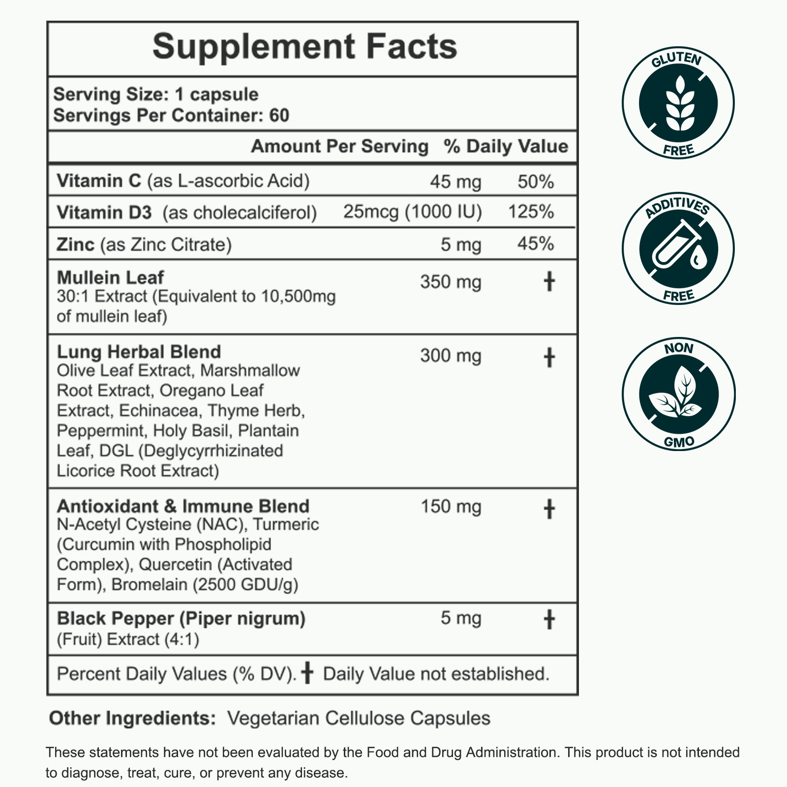 LUNG CLEANSER MULLEIN OLIVE LEAF, DGL, TURMERIC, NAC 18-IN-1 POTENT BLEND