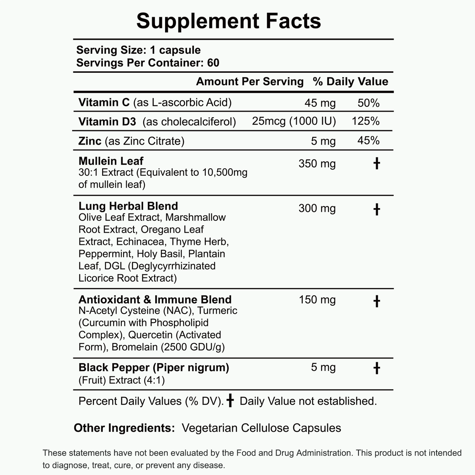 Supplement Facts — LUNG CLEANSER MULLEIN OLIVE LEAF, DGL, TURMERIC, NAC 18-IN-1 POTENT BLEND