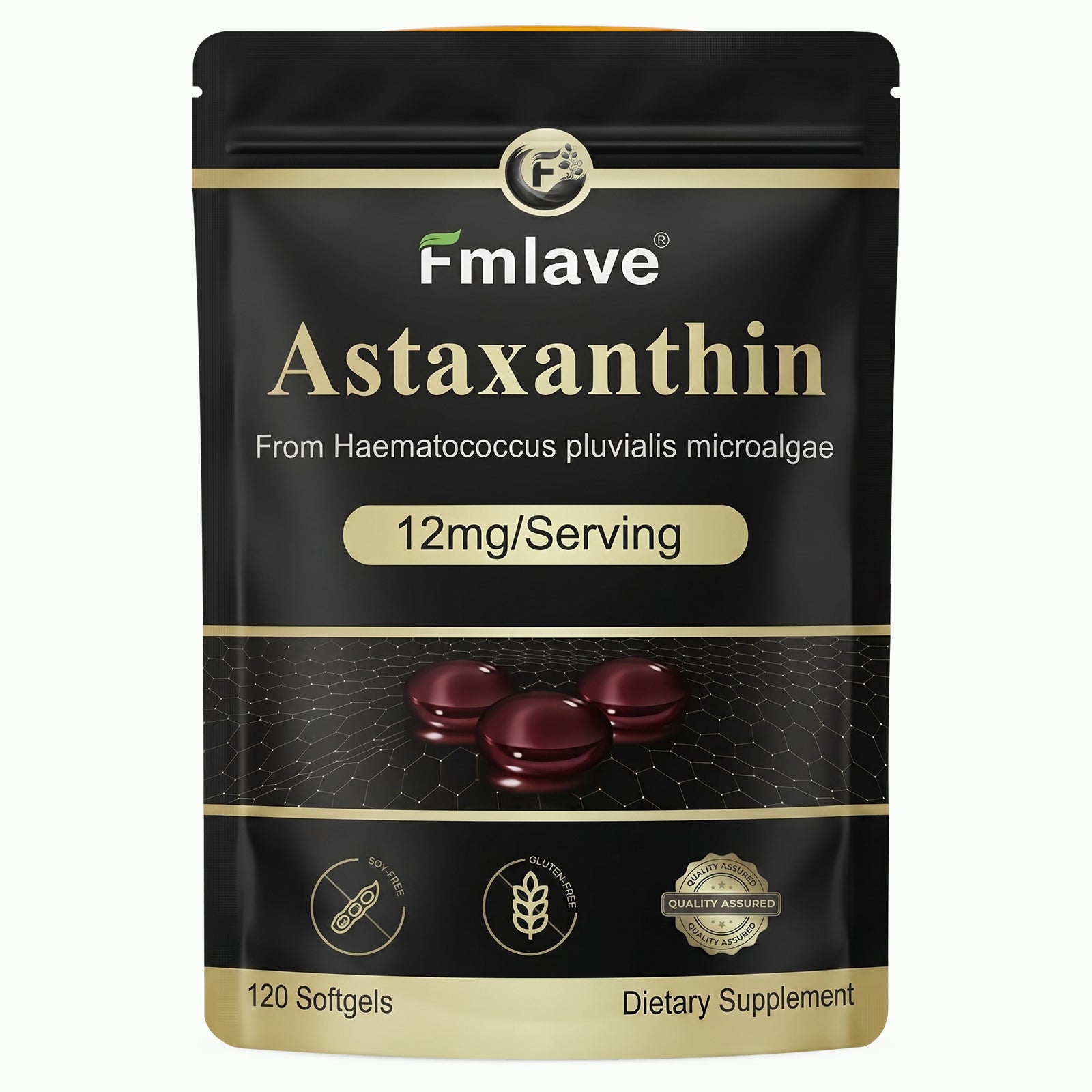 Fmlave Astaxanthin 12 mg per serving pouch made from Haematococcus pluvialis microalgae, with 120 softgels.