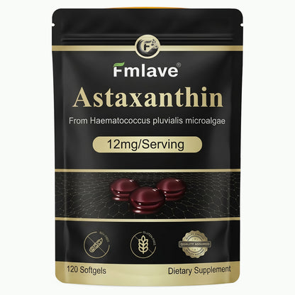 Fmlave Astaxanthin 12 mg per serving pouch made from Haematococcus pluvialis microalgae, with 120 softgels.