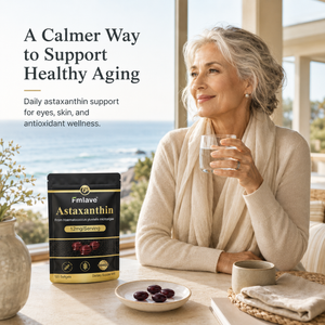 Mature woman in an oceanfront home with Fmlave Astaxanthin pouch and four deep purple softgels for a calm healthy aging routine.