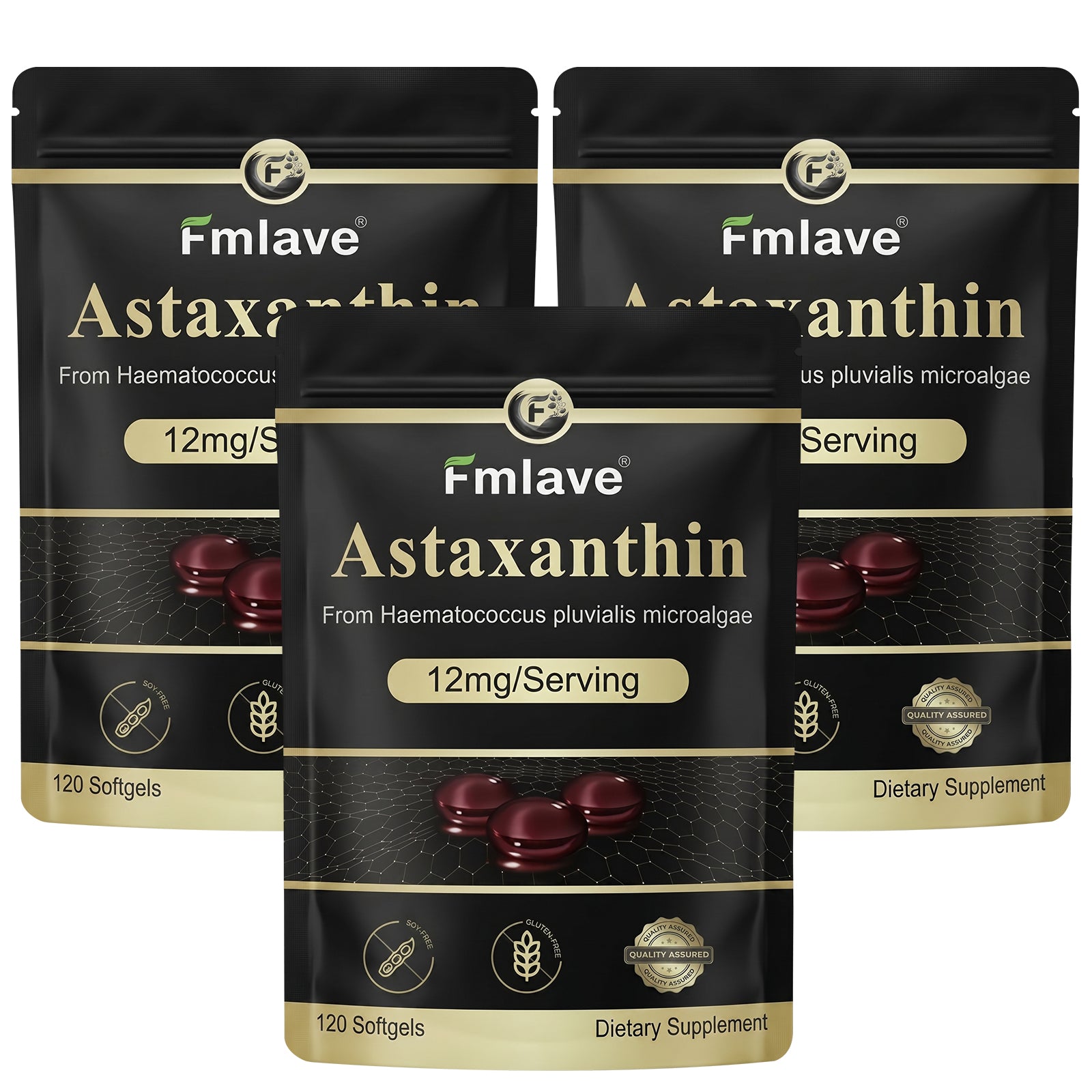 Three pouches of Fmlave Astaxanthin 12 mg softgels for daily antioxidant, eye wellness, and healthy aging support.
