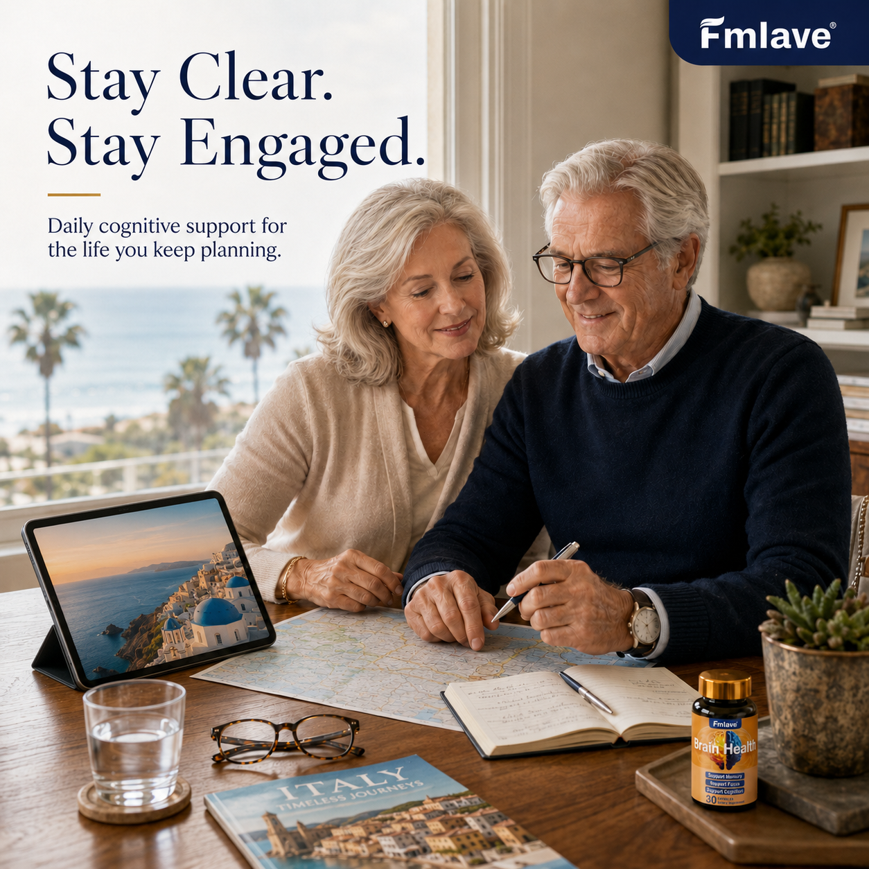 Older couple planning a trip in a bright home study, representing clear thinking and active healthy aging with Fmlave Brain Health