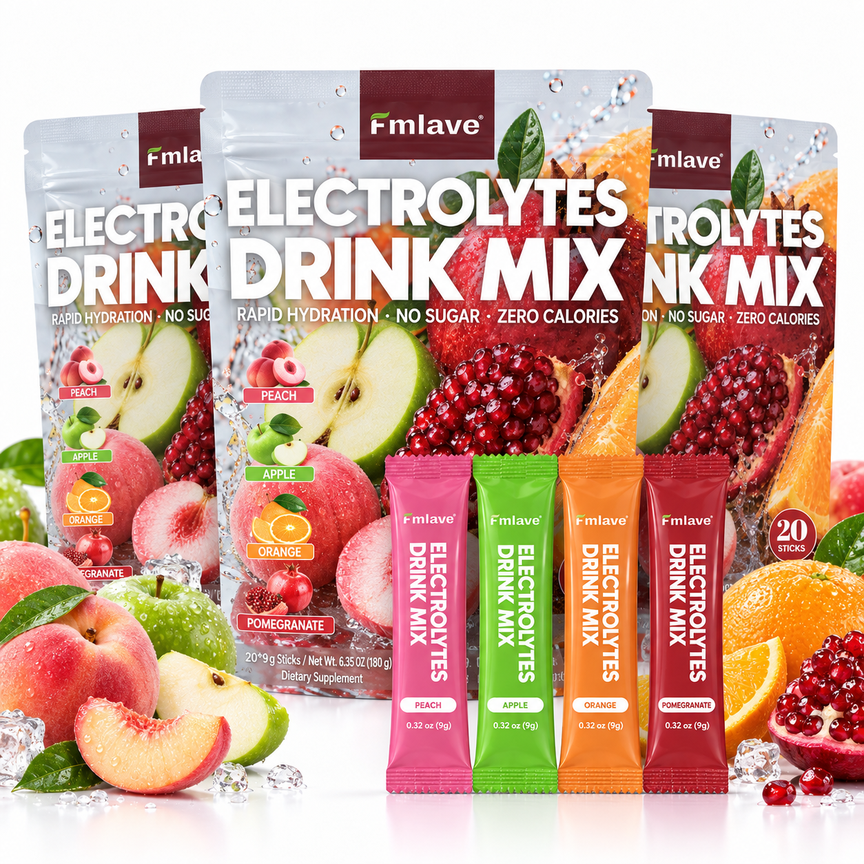 Three pouches of Fmlave Electrolyte Drink Mix Variety Pack A, 60 sticks total