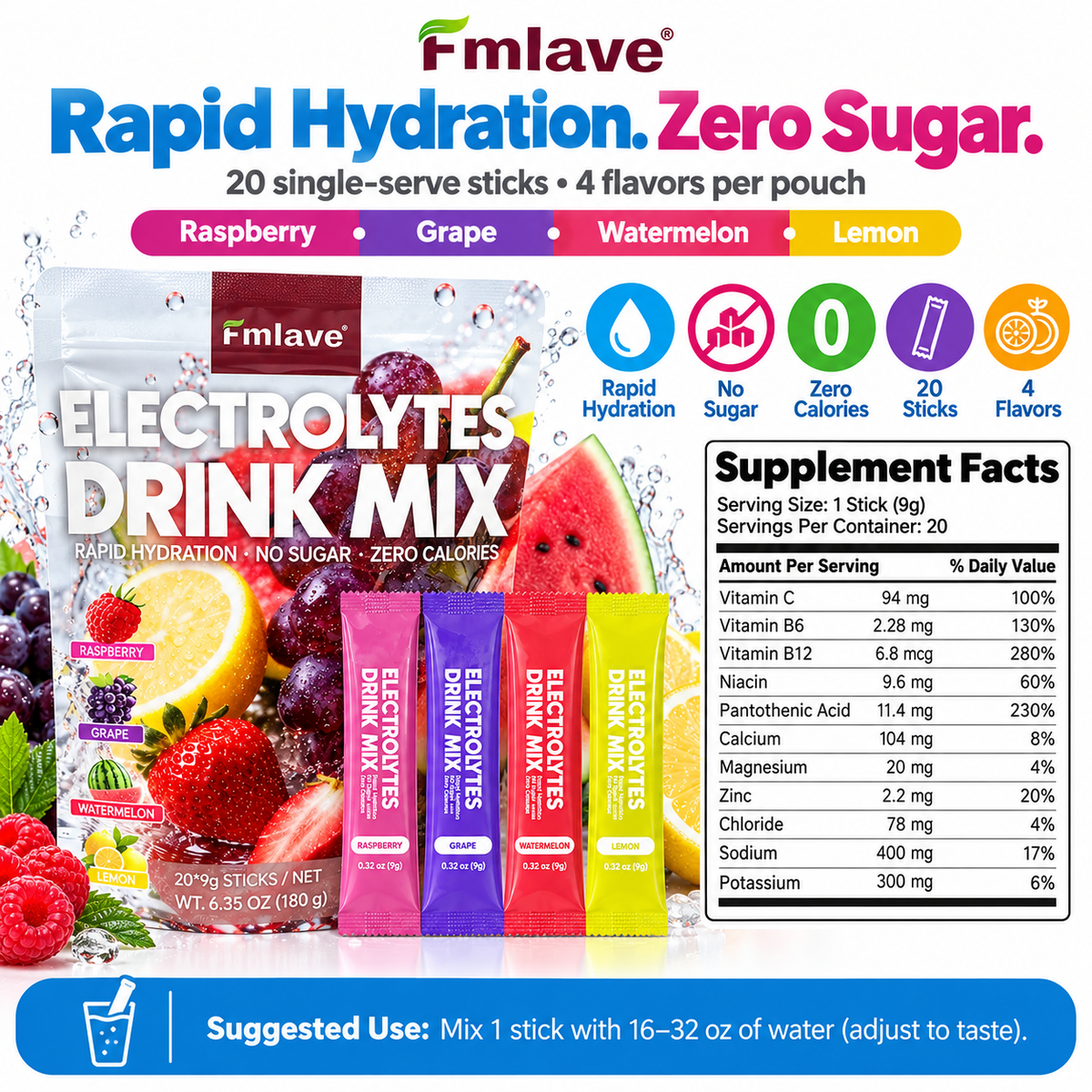 Fmlave Electrolyte Drink Mix Variety Pack B product facts, flavors and suggested use