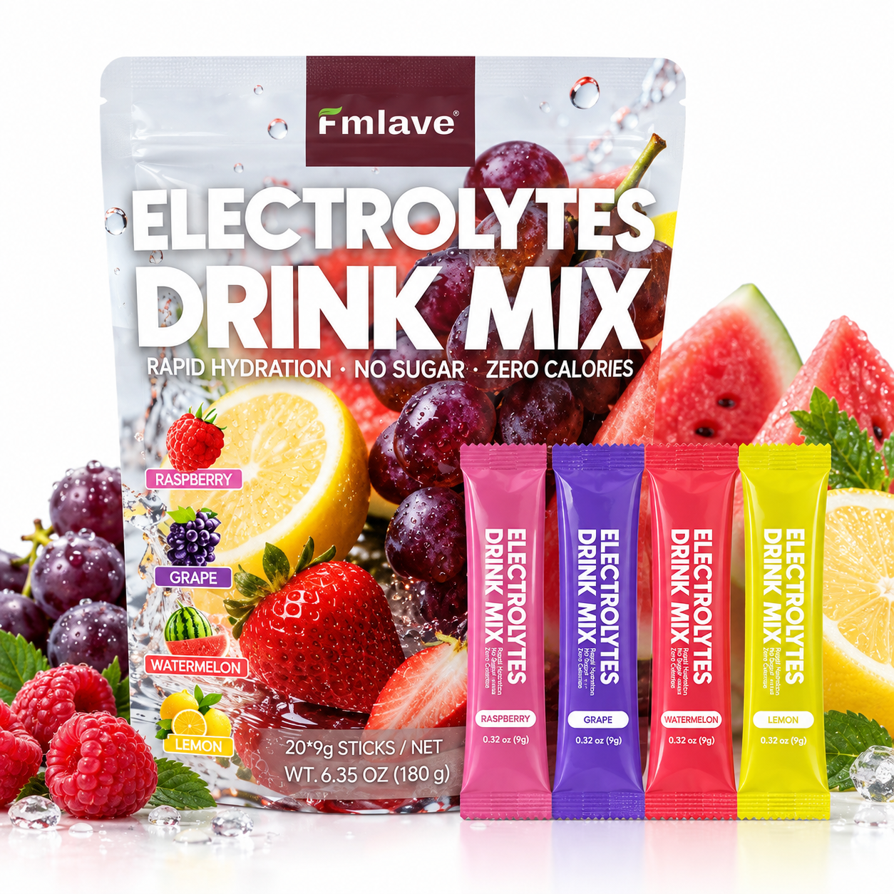 Fmlave Electrolyte Drink Mix Variety Pack B with Raspberry, Grape, Watermelon and Lemon, 20 sticks