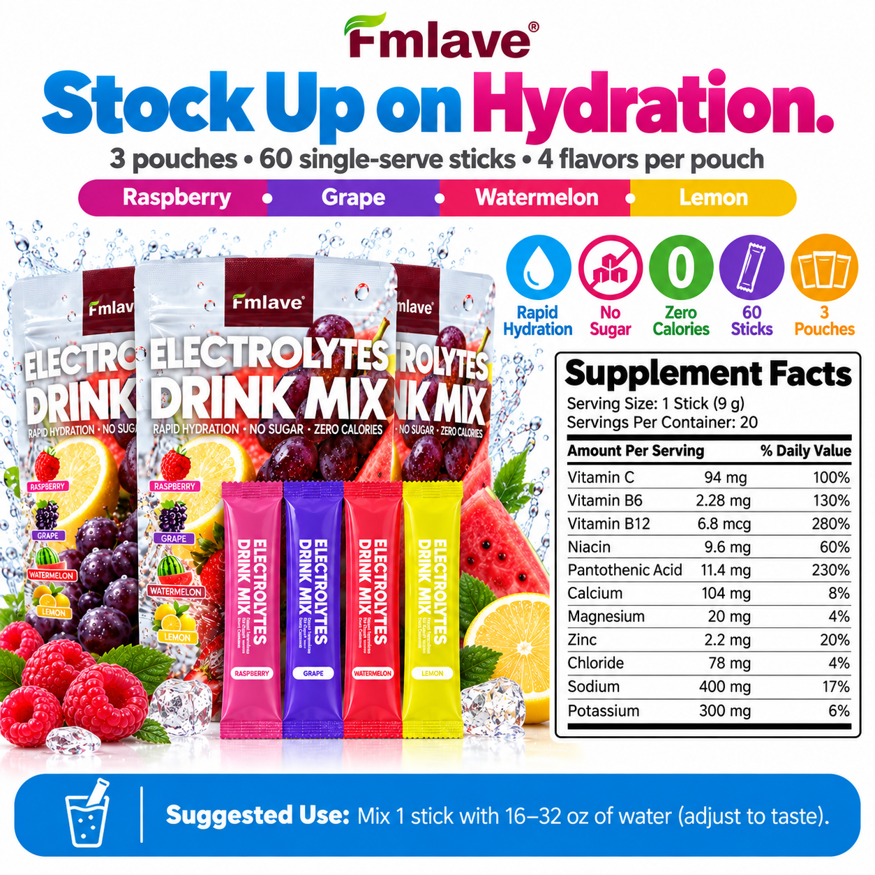 Fmlave Electrolyte Drink Mix Variety Pack B three-pouch bundle facts and suggested use