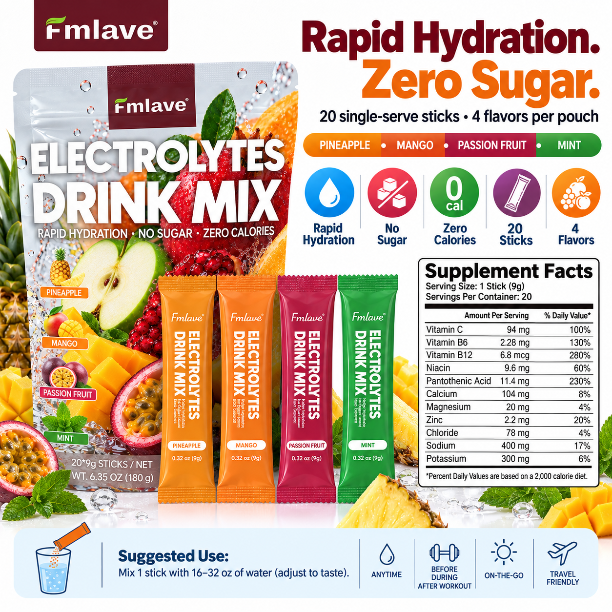 Fmlave Electrolyte Drink Mix Variety Pack C product facts, flavors and suggested use