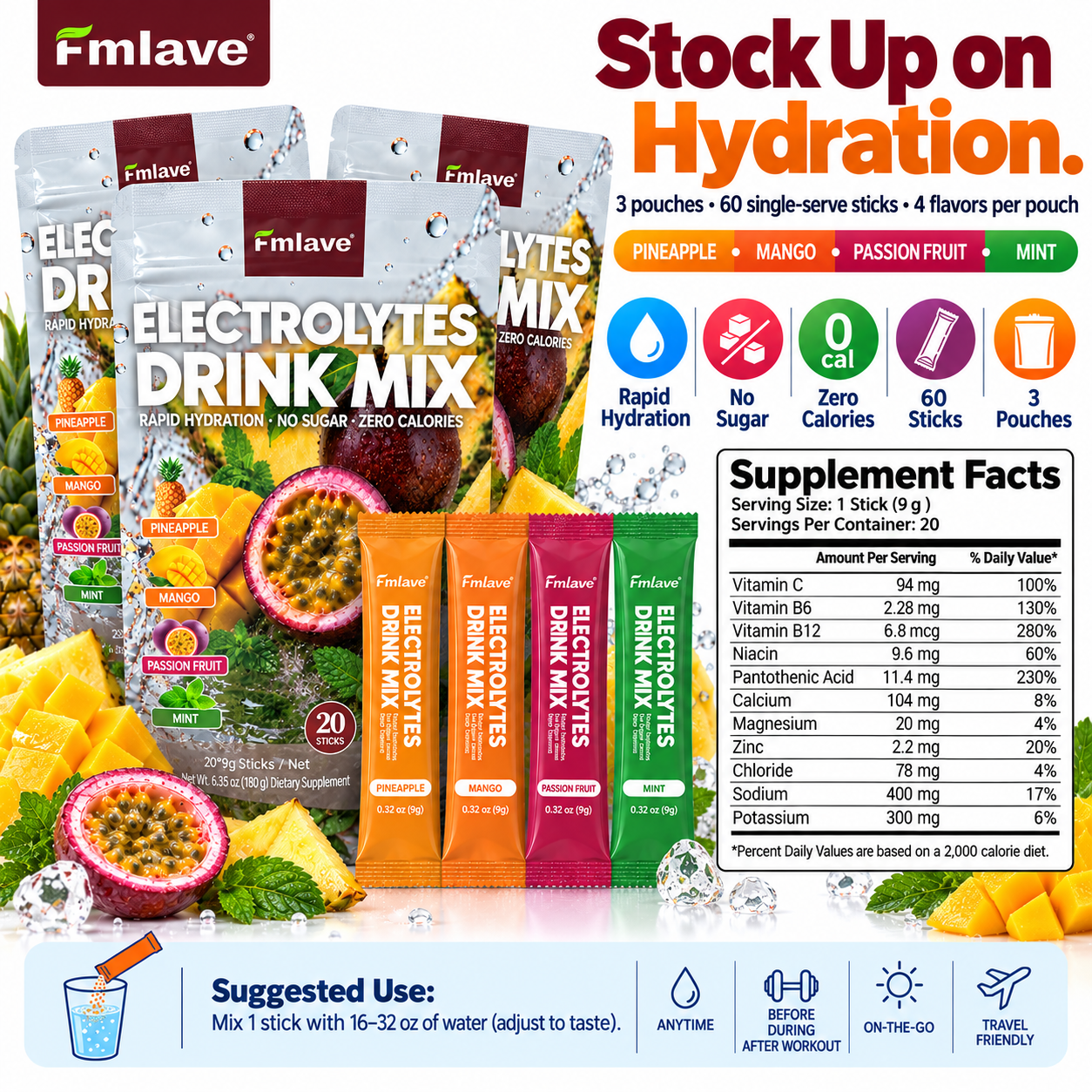 Fmlave Electrolyte Drink Mix Variety Pack C three-pouch bundle facts and suggested use