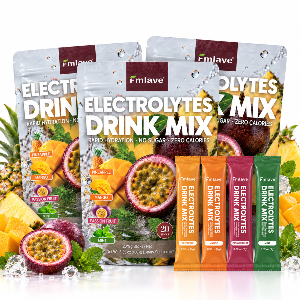 Three pouches of Fmlave Electrolyte Drink Mix Variety Pack C, 60 sticks total