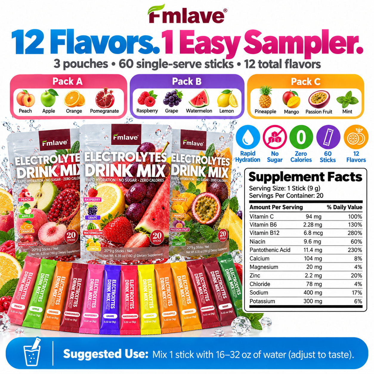 Fmlave Electrolyte Drink Mix Variety Sampler product facts, 12 flavors and suggested use