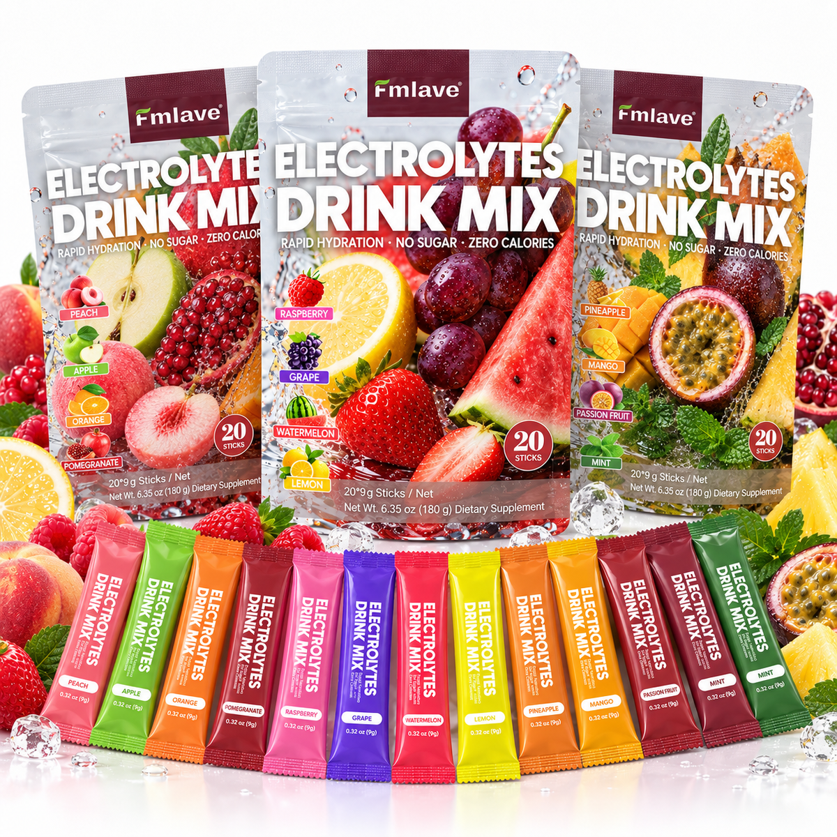 Fmlave Electrolyte Drink Mix Variety Sampler with three pouches and 12 flavors, 60 sticks total