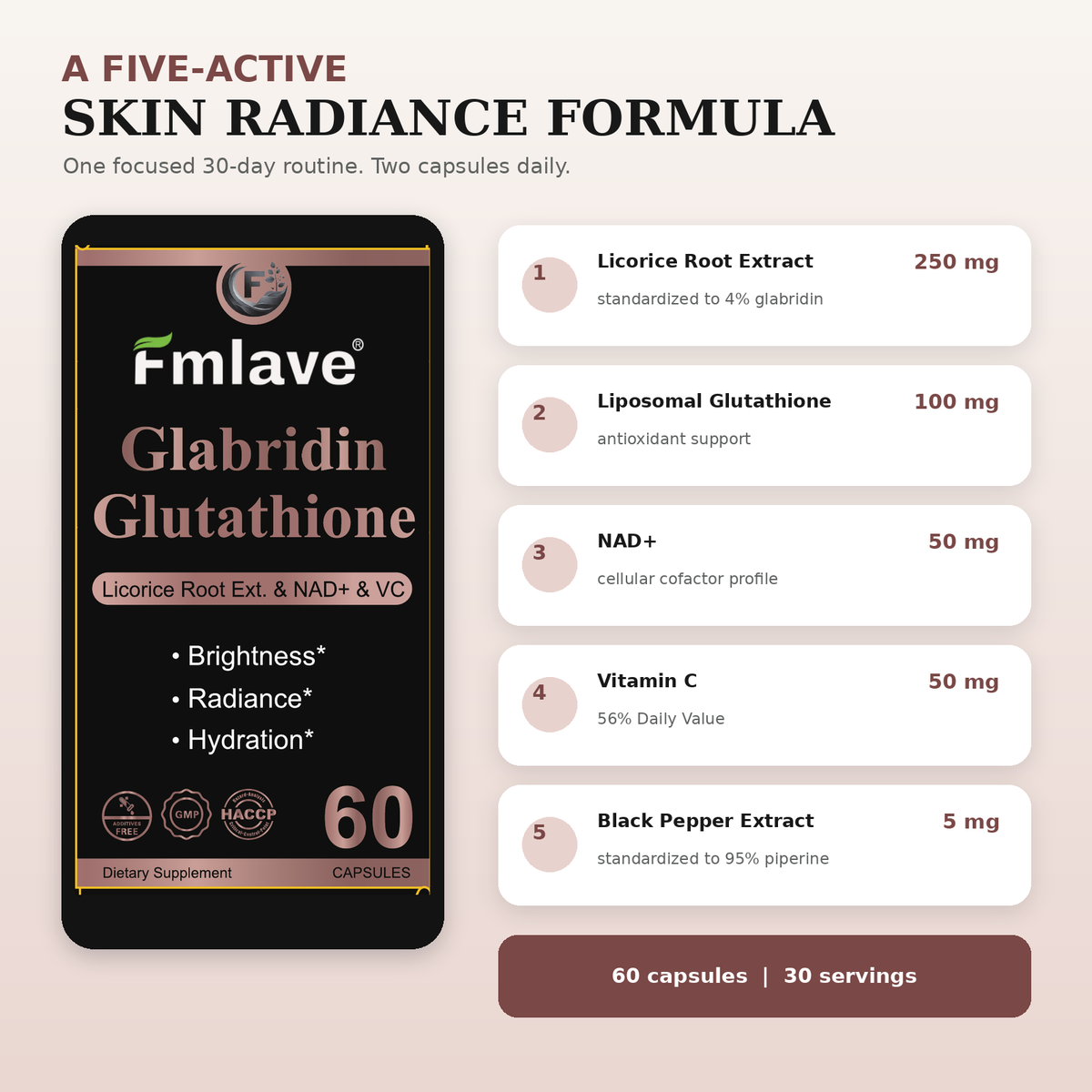 Fmlave Glabridin Glutathione five-active formula with licorice root extract, liposomal glutathione, NAD+, vitamin C and black pepper extract