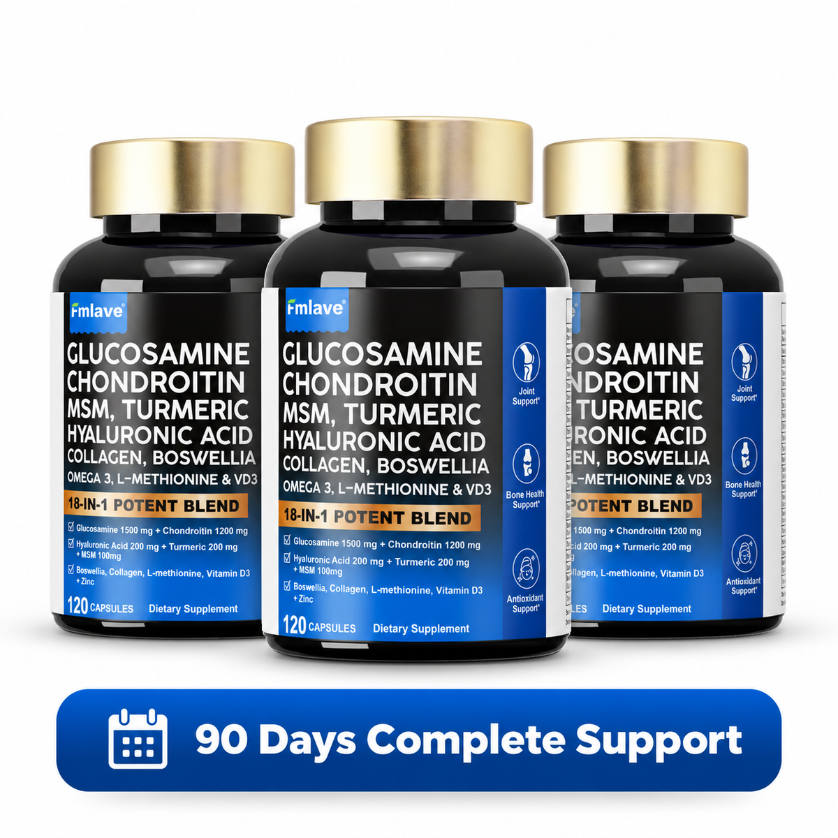 Three bottles of Fmlave Glucosamine Chondroitin MSM 18-in-1 joint supplement in a 90-day bundle