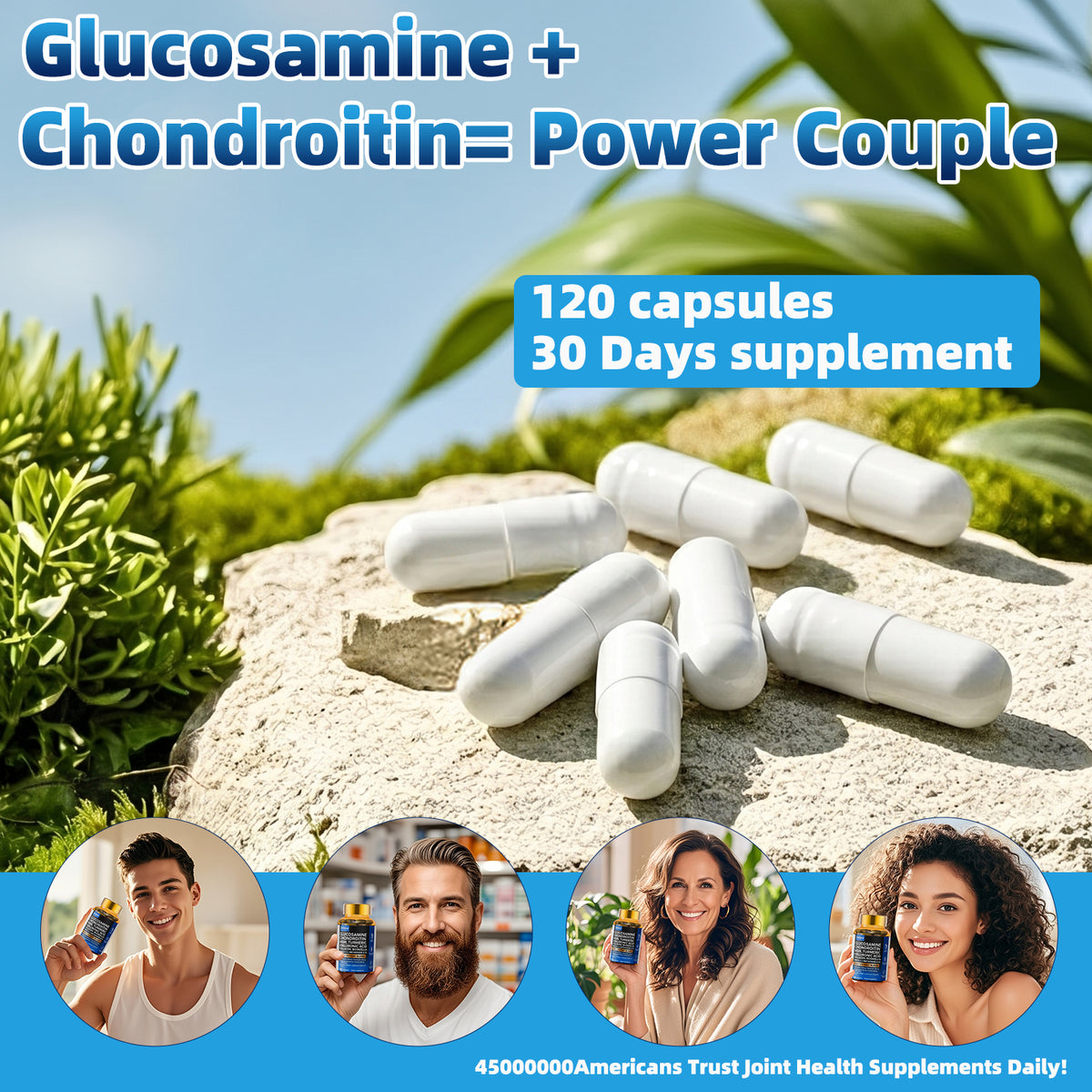 Fmlave Glucosamine Chondroitin MSM 18-in-1 supplement capsules and 120-capsule 30-day supply display