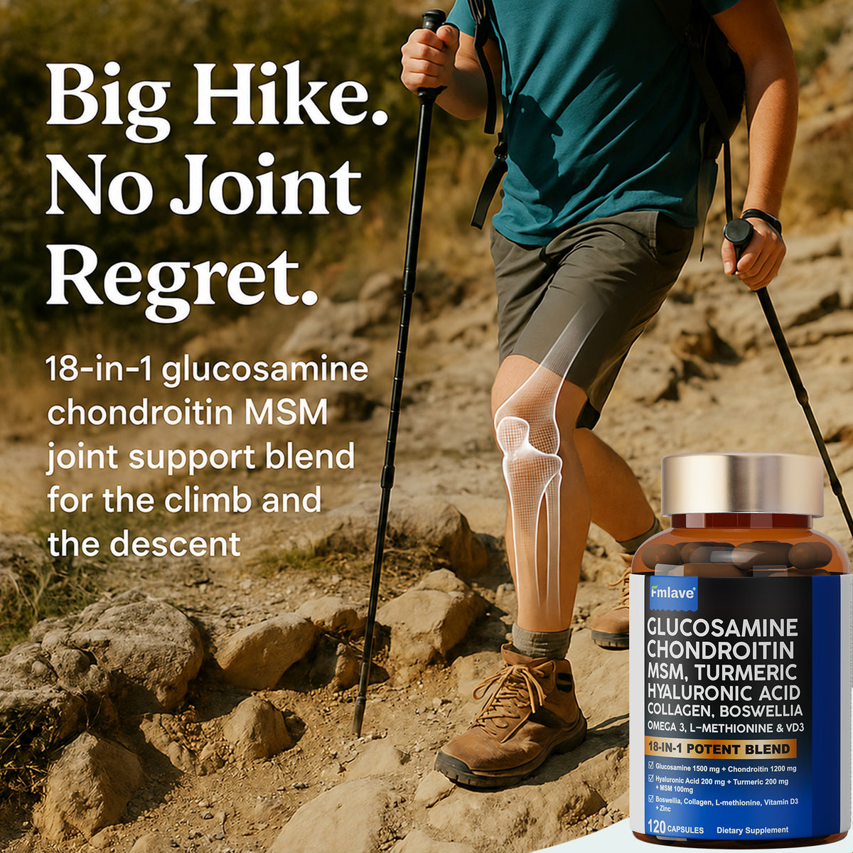 Hiker with trekking poles on a rocky trail beside Fmlave Glucosamine Chondroitin MSM 18-in-1, 120 capsules