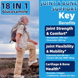 Fmlave Glucosamine Chondroitin MSM 18-in-1 joint support key benefits infographic beside a man hiking outdoors