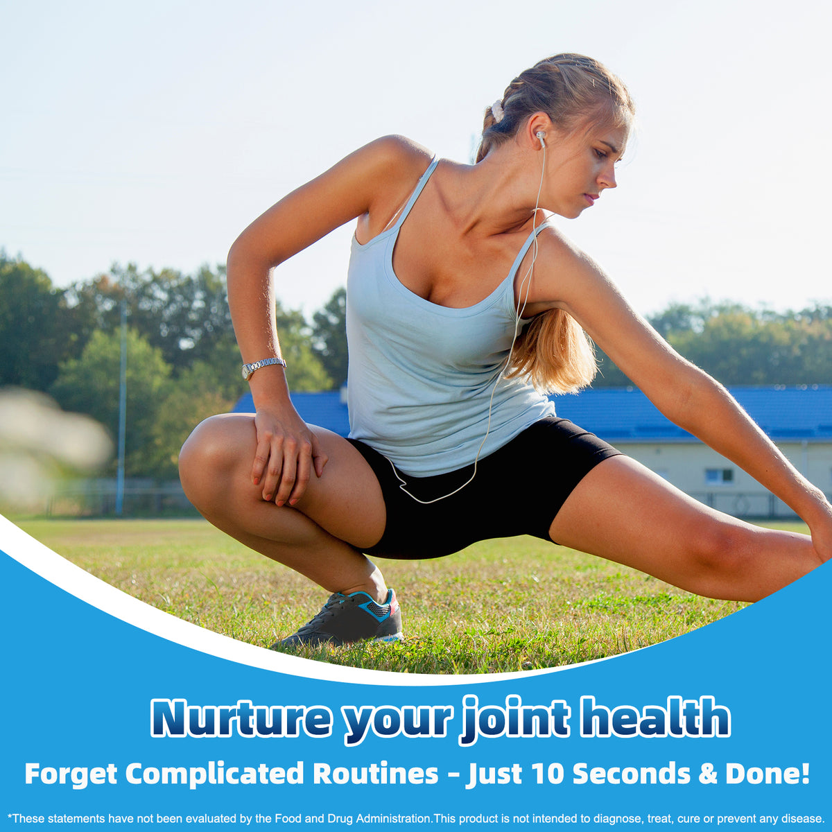 Woman stretching outdoors alongside a Fmlave Glucosamine Chondroitin MSM 18-in-1 joint supplement bottle