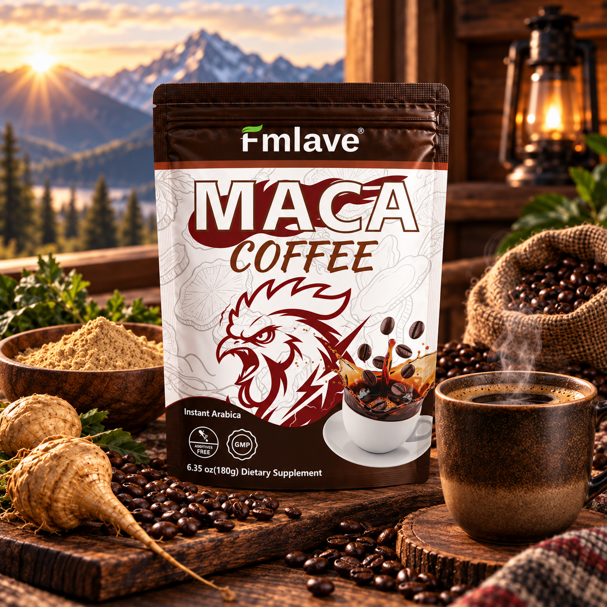 Fmlave Maca Coffee 180 g pouch with the correct front design, no 20 marking, and the coffee cup graphic in a warm mountain lodge setting