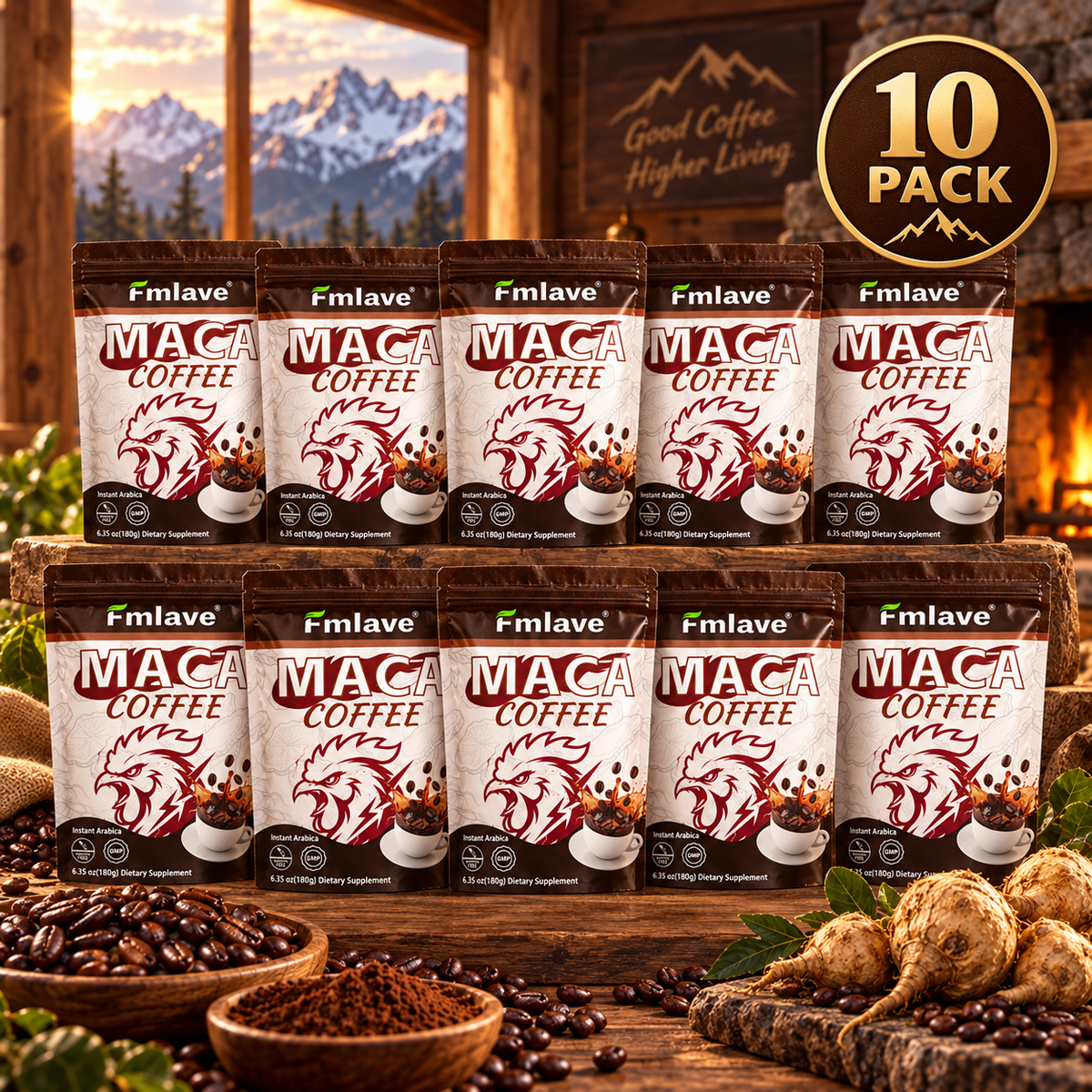 Ten full 180 g pouches of Fmlave Maca Coffee using the correct package front with no 20 marking and the coffee cup graphic