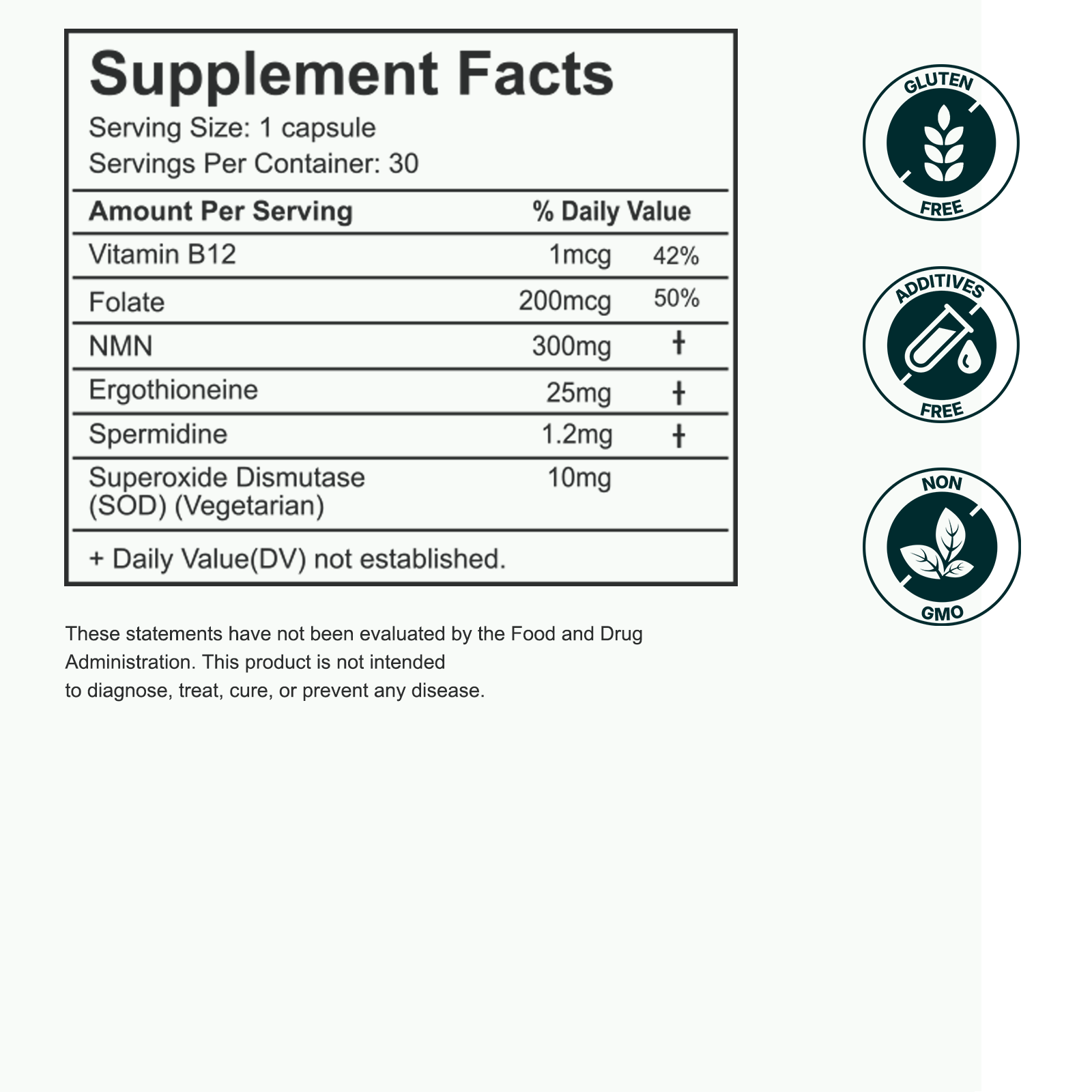 Ingredient overview for Fmlave NMN 300 mg Complex showing NMN, ergothioneine, spermidine, vegetarian SOD, folate, and vitamin B12.