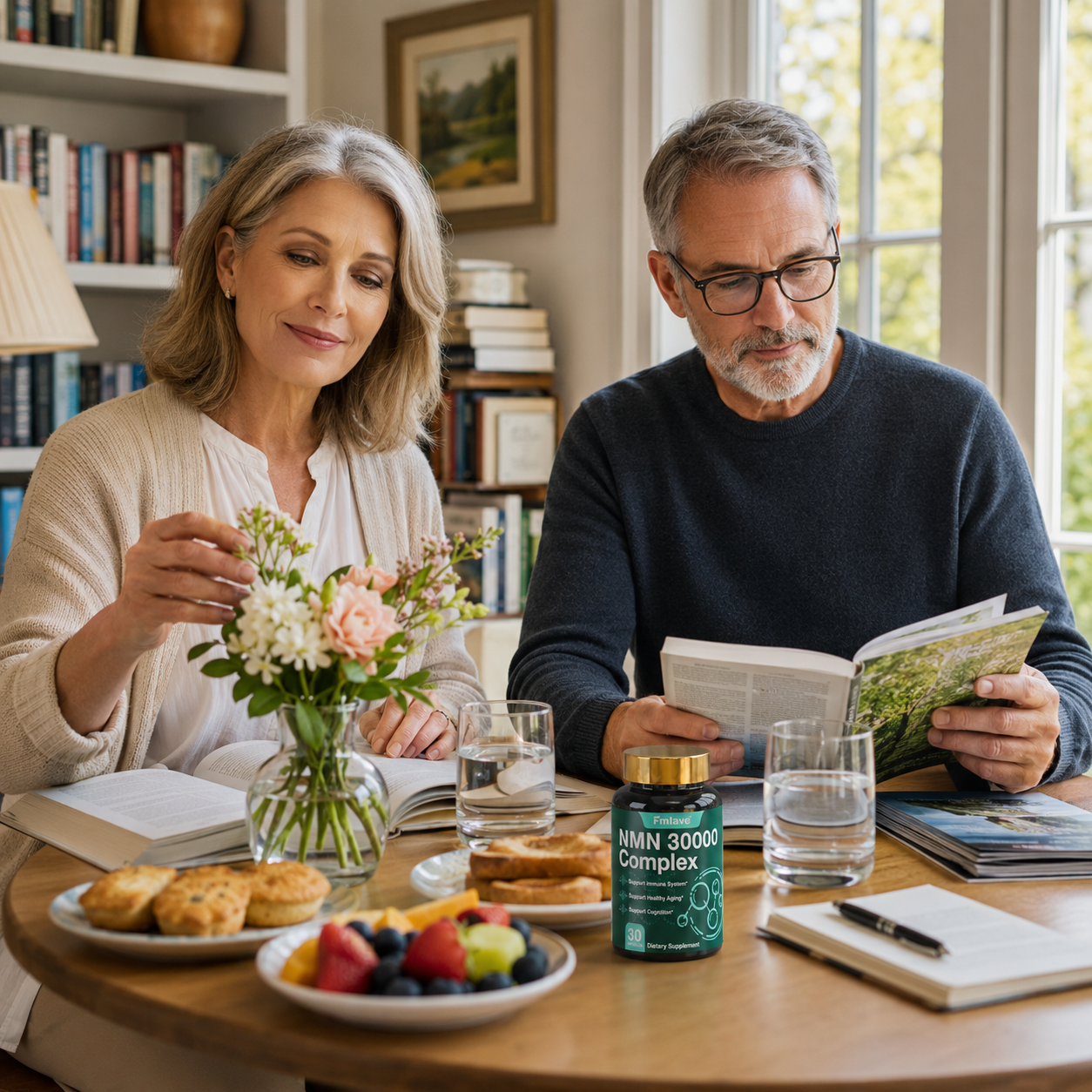 Mature couple enjoying a calm morning routine with breakfast, reading, and Fmlave NMN 300 mg Complex in a bright home setting.