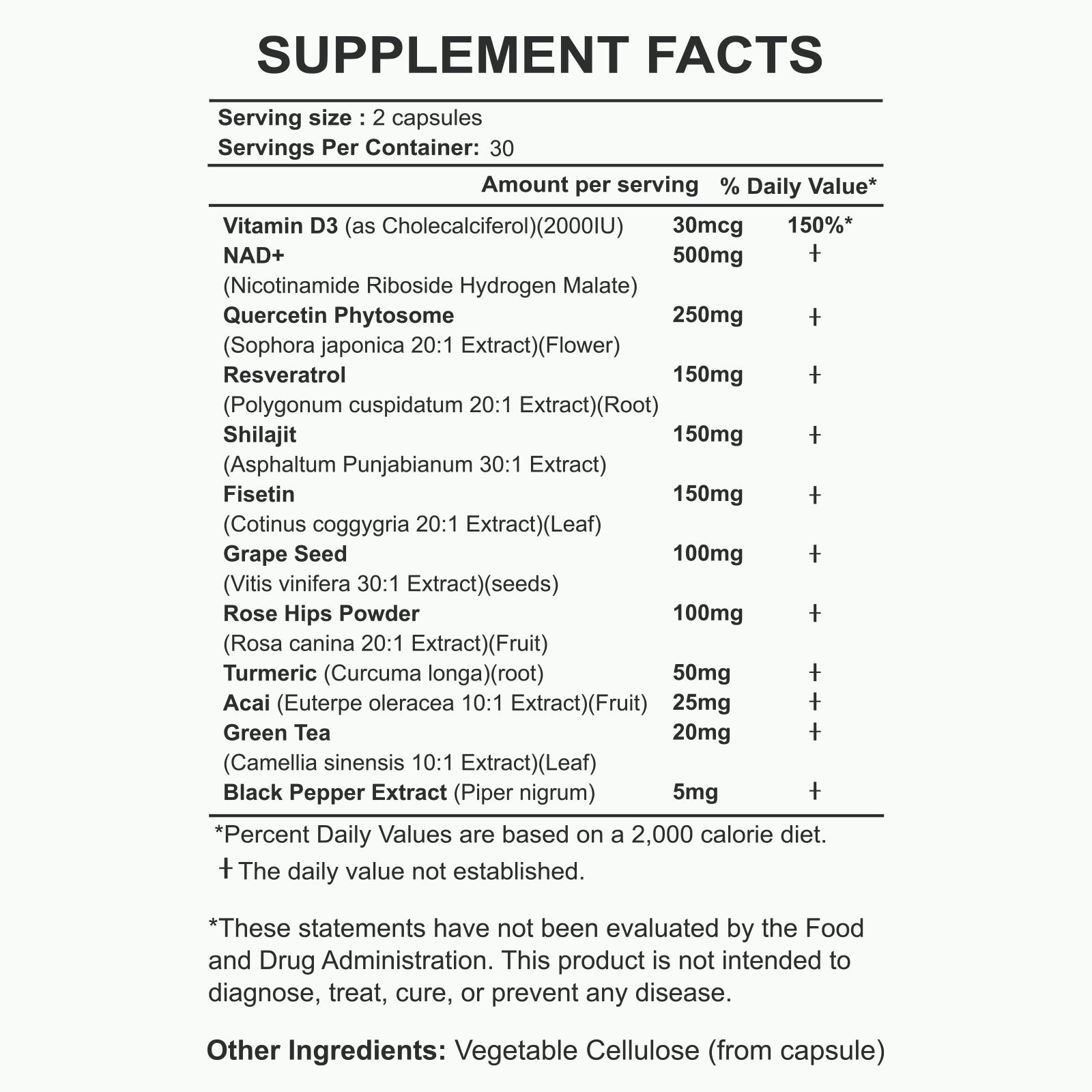 Supplement Facts — NAD+ Resveratrol Supplement — 500mg Nicotinamide Riboside (NR) — 60 Capsules